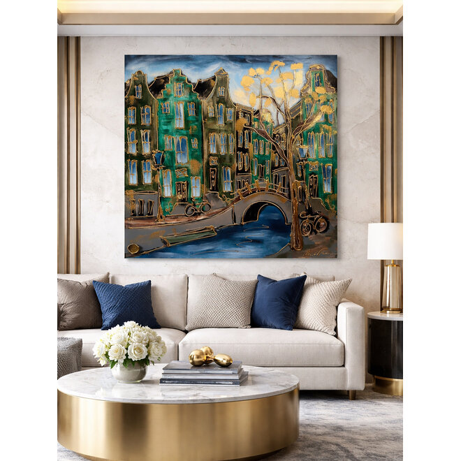 Painting- 120x120 cm - Amsterdam Herengracht  -lake green #1