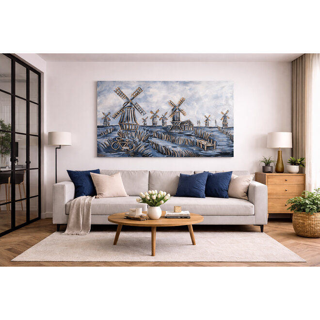 Schilderij- 100x100cm - Rick Triest - Hollandse molen -  Delft blauw & gold - Landschap