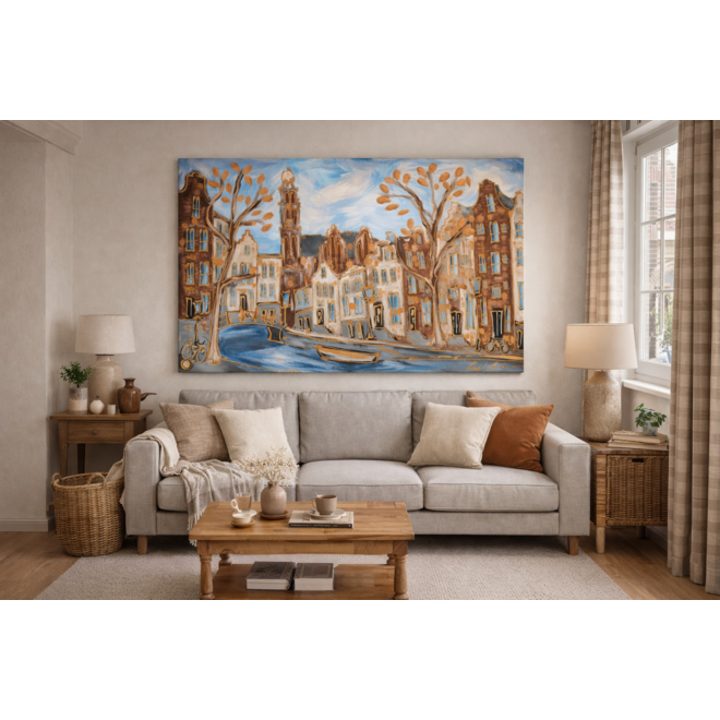 Painting- 100x150cm - Rick Triest - Amsterdam Herengracht -Blue & Gold #291 - Westertoren