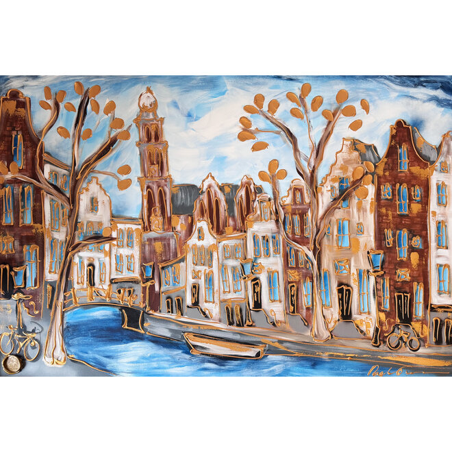 Painting- 100x150cm - Rick Triest - Amsterdam Herengracht -Blue & Gold #291 - Westertoren