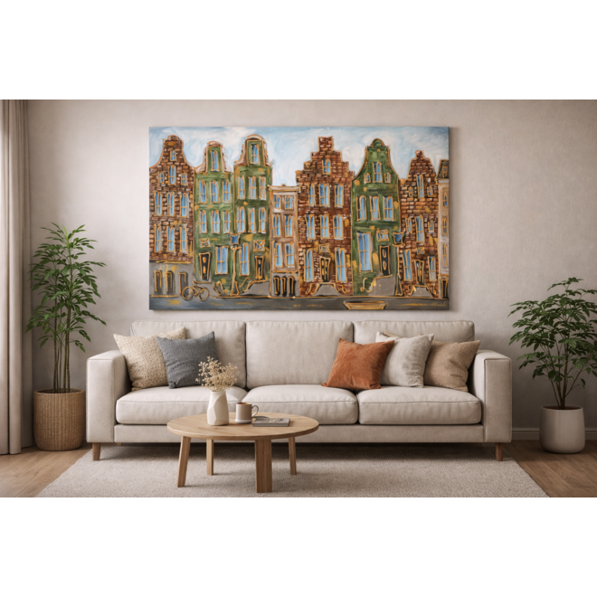 Schilderij- 100x150cm - Amsterdam Herengracht -Blue & Gold #293