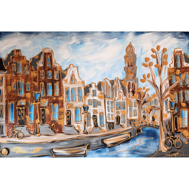 Schilderij- 100x150cm - Rick Triest - Amsterdam Herengracht -Blue & Gold #297 - Westertoren