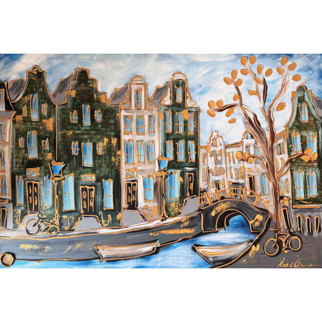 Painting- 100x150cm - Amsterdam Herengracht -Blue & Gold #299