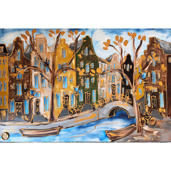 Schilderij- 100x150cm - Rick Triest - Amsterdam Herengracht -Blue & Gold #300