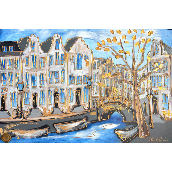 Schilderij- 80x120x4,5 cm - Amsterdam Herengracht - Blue & Gold #128