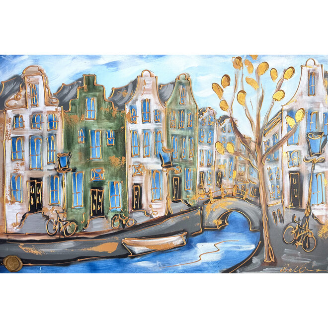 Painting- 80x120x4,5 cm - Amsterdam Herengracht - Blue & Gold #129