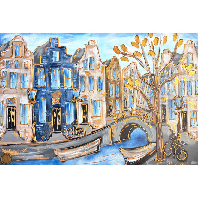 Schilderij- 80x120x4,5 cm - Rick Triest - Amsterdam Herengracht - Blue & Gold #130