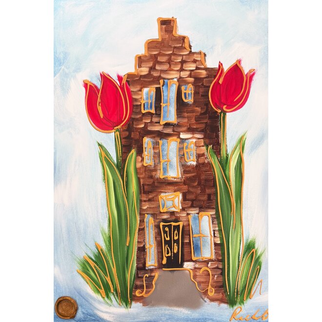 Schilderij - 70x100 cm - Rick Triest  - Amsterdams huisje met tulpen - Rood