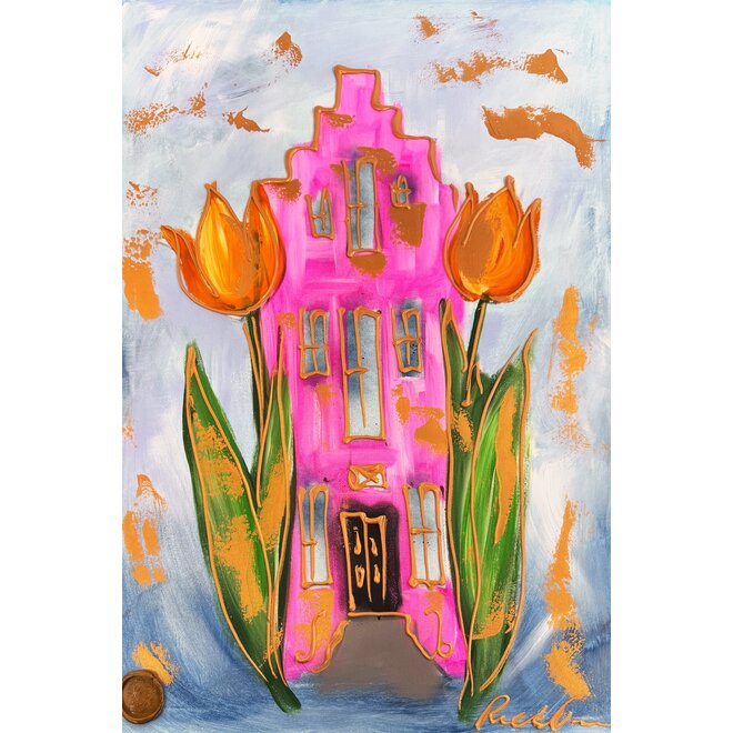 Schilderij - 70x100 cm - Rick Triest  - Amsterdams huisje met tulpen - pink