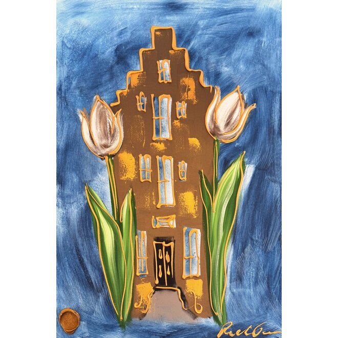 Schilderij - 70x100 cm - Rick Triest  - Amsterdams huisje met tulpen - Bronze