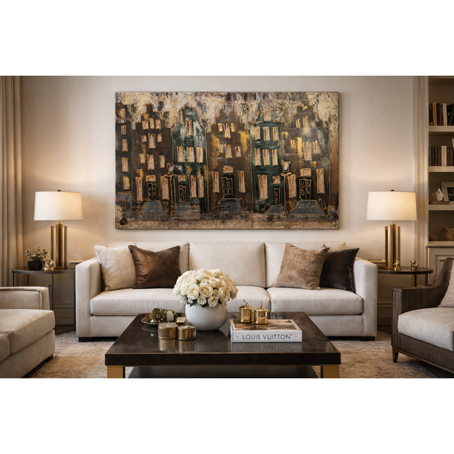 Schilderij- 100x150cm - Rick Triest - Amsterdam LUXURY style - grachten gevels in omber & Gold #30