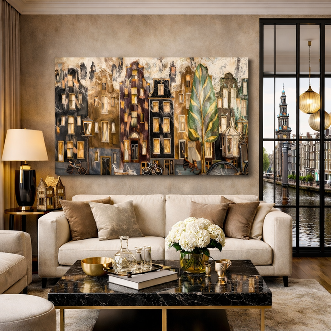 Painting- 100x150cm - Rick Triest - Amsterdam LUXURY style - grachten gevels in omber & Gold #29