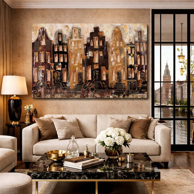 Schilderij- 100x150cm - Rick Triest - Amsterdam LUXURY style - grachten gevels in omber & Gold #27