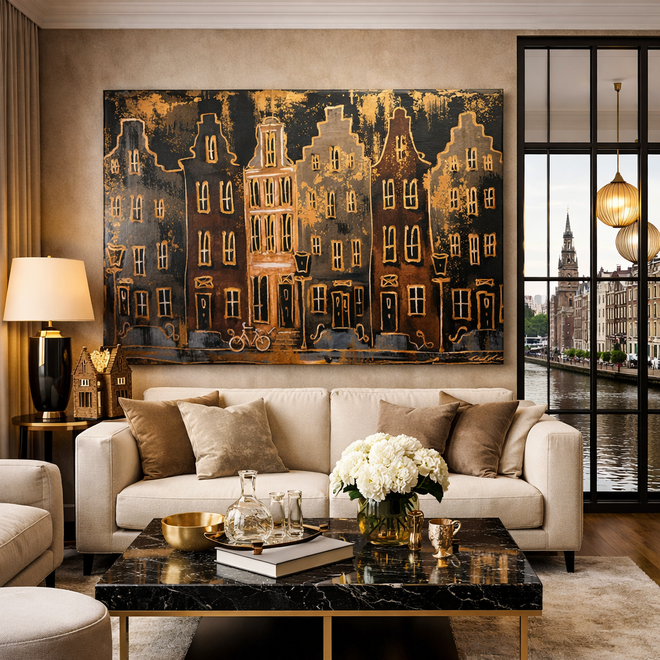 Painting- 100x150cm - Rick Triest - Amsterdam LUXURY style - grachten gevels in omber & Gold #17