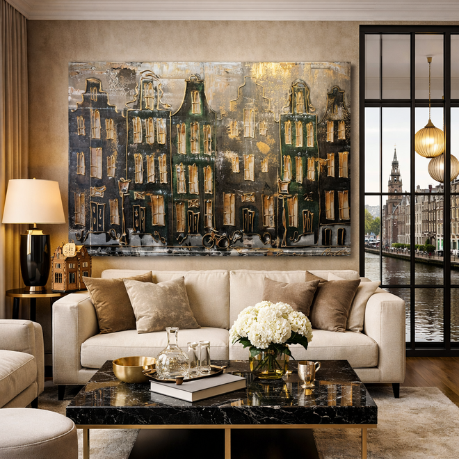 Painting- 100x150cm - Rick Triest - Amsterdam LUXURY style - grachten gevels in omber & Gold #18