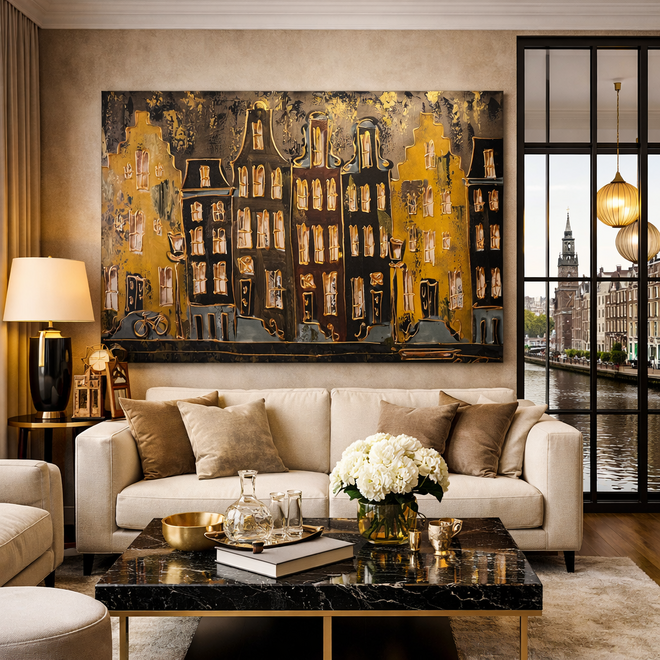 Schilderij- 100x150cm - Rick Triest - Amsterdam LUXURY style - grachten gevels in omber & Gold #14