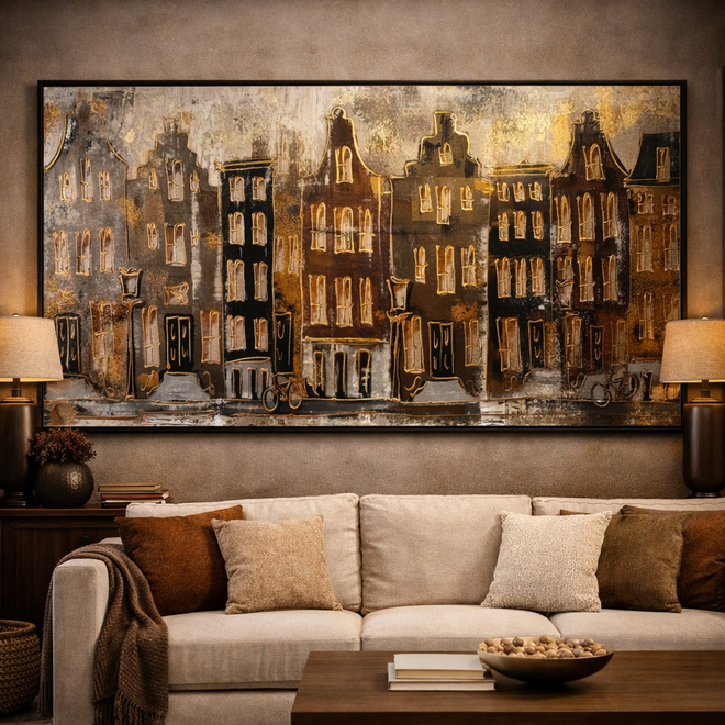 Schilderij- 100x200cm - Amsterdam LUXURY style - grachten gevels in omber & Gold #8