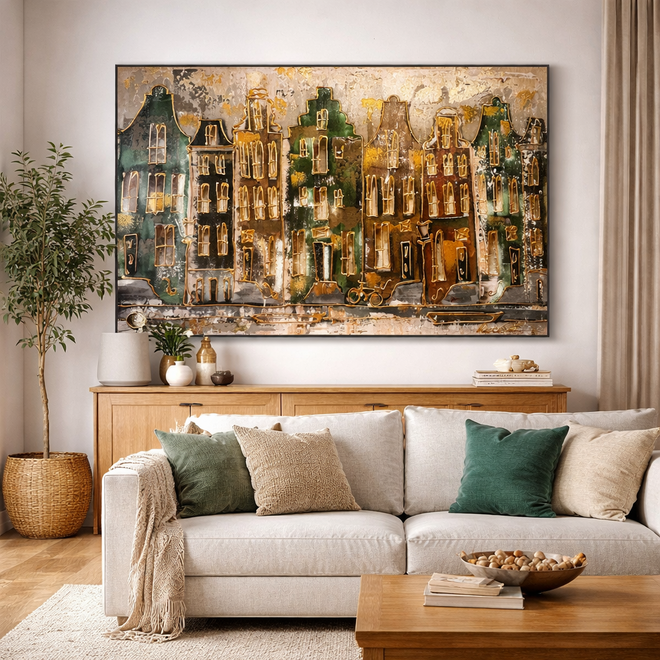 Schilderij- 100x150cm - Rick Triest - Amsterdam LUXURY style - grachten gevels in omber & Gold #21