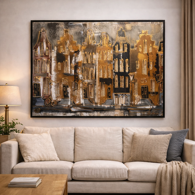 Painting- 100x150cm - Rick Triest - Amsterdam LUXURY style - grachten gevels in omber & Gold #23