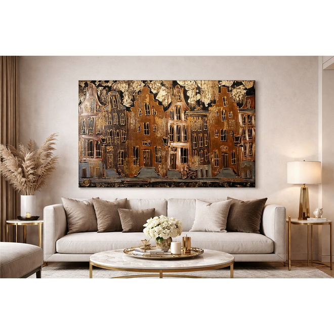 Painting- 100x150cm - Rick Triest - Amsterdam LUXURY style - grachten gevels in omber & Gold #12