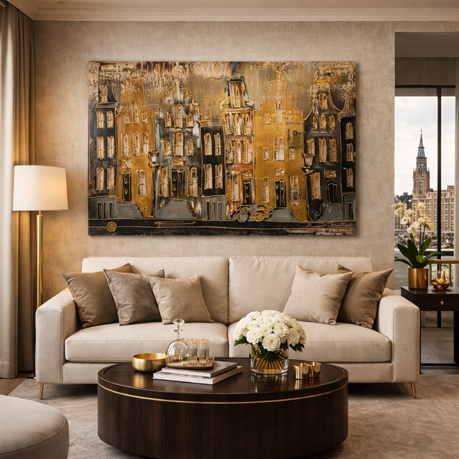 Painting- 100x150cm - Rick Triest - Amsterdam LUXURY style - grachten gevels in omber & Gold #11