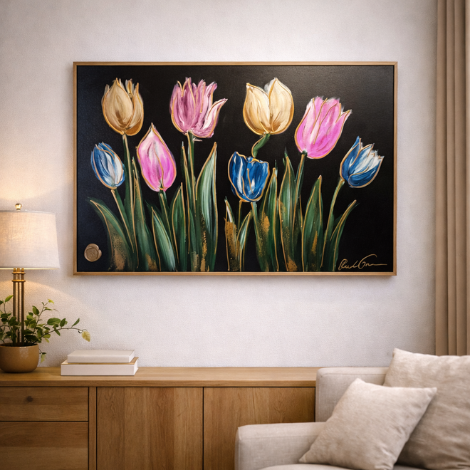 Schilderij - 80x120 cm - Rick Triest - kleurrijke tulpen - Black & Gold #2
