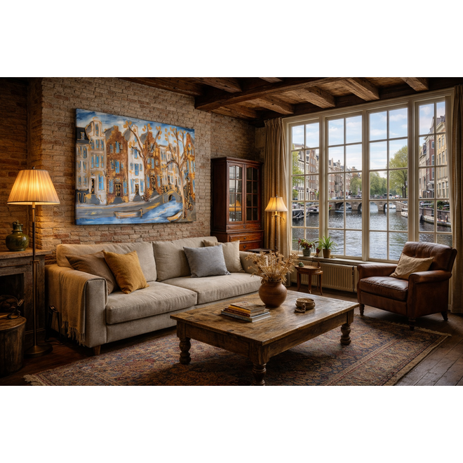 Schilderij- 100x150cm - Rick Triest - Amsterdam Herengracht -Blue & Gold #298