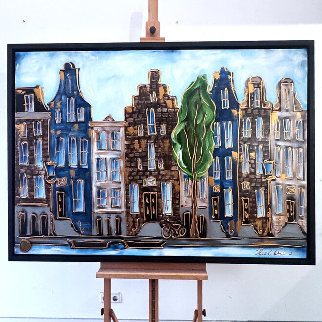 Schilderij- 100x150cm - Amsterdam Herengracht -Blue & Gold #304