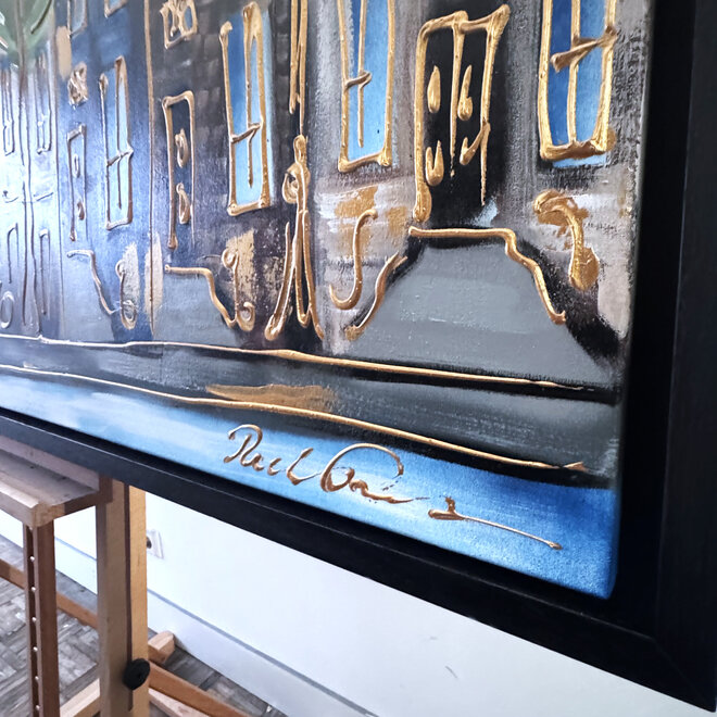 Schilderij- 100x150cm - Rick Triest - Amsterdam Herengracht -Blue & Gold #304