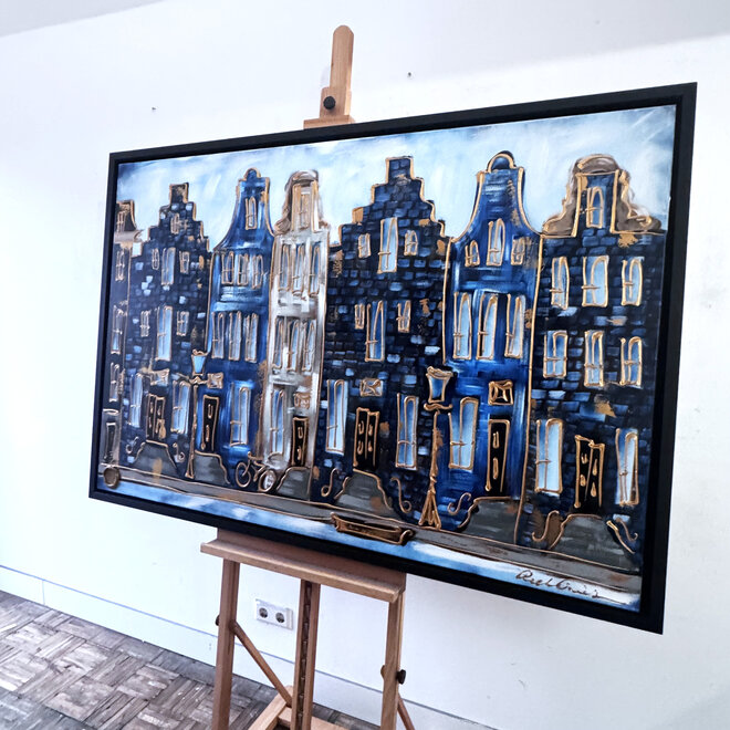 Schilderij- 100x150cm - Rick Triest - Amsterdam Herengracht -Blue & Gold #302
