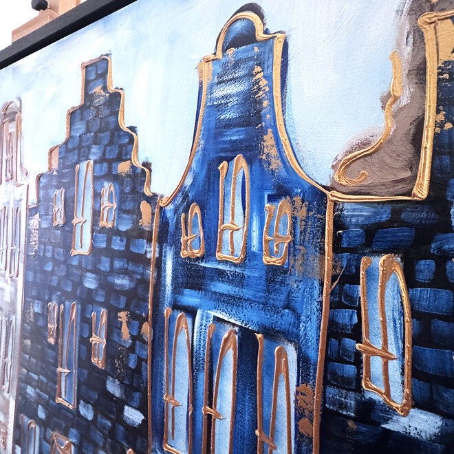 Schilderij- 100x150cm - Rick Triest - Amsterdam Herengracht -Blue & Gold #302