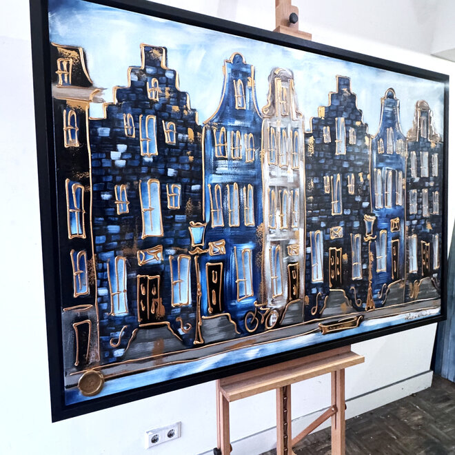 Schilderij- 100x150cm - Rick Triest - Amsterdam Herengracht -Blue & Gold #302