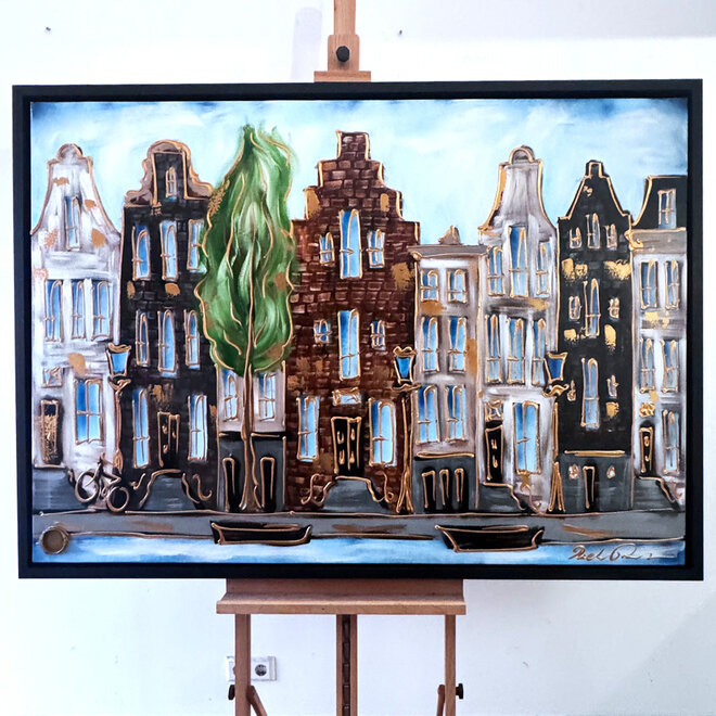Schilderij- 100x150cm - Rick Triest - Amsterdam Herengracht -Blue & Gold #301