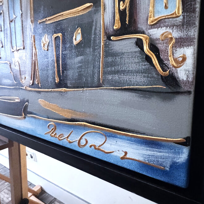 Schilderij- 100x150cm - Rick Triest - Amsterdam Herengracht -Blue & Gold #301