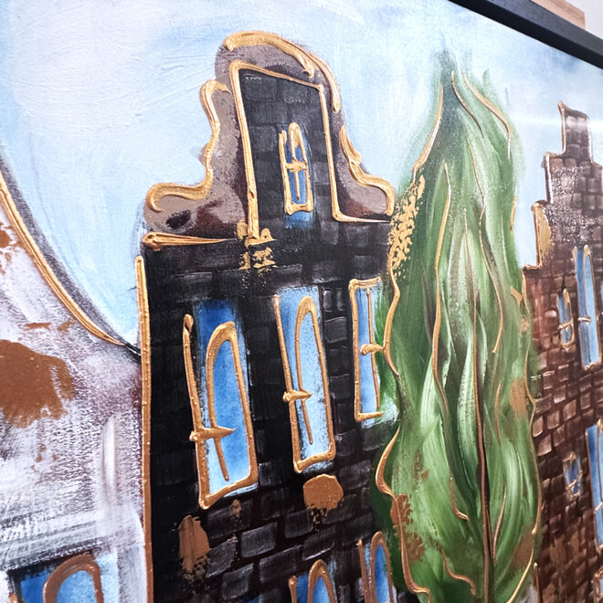 Schilderij- 100x150cm - Rick Triest - Amsterdam Herengracht -Blue & Gold #301