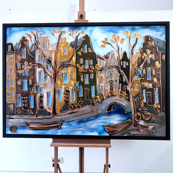 Schilderij- 100x150cm - Rick Triest - Amsterdam Herengracht -Blue & Gold #300