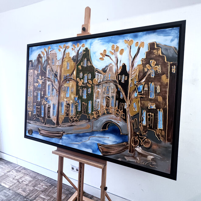 Schilderij- 100x150cm - Rick Triest - Amsterdam Herengracht -Blue & Gold #300