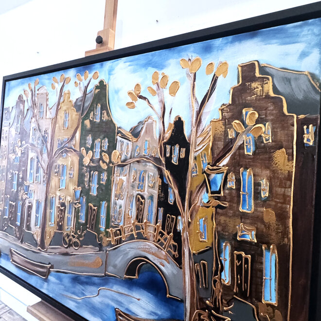 Schilderij- 100x150cm - Rick Triest - Amsterdam Herengracht -Blue & Gold #300