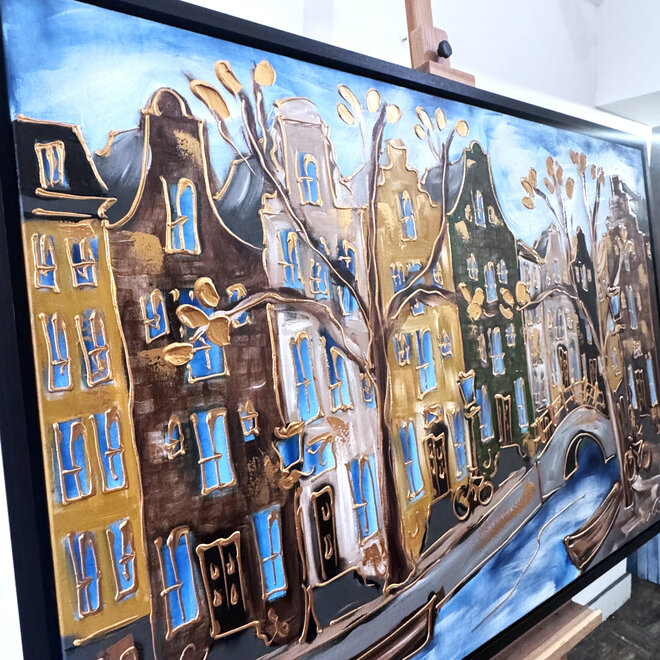 Schilderij- 100x150cm - Rick Triest - Amsterdam Herengracht -Blue & Gold #300