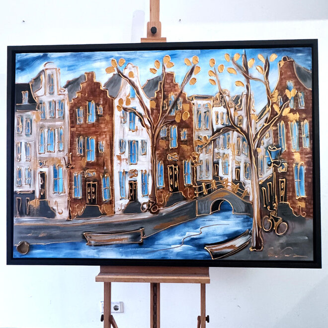 Painting- 100x150cm - Rick Triest - Amsterdam Herengracht -Blue & Gold #298
