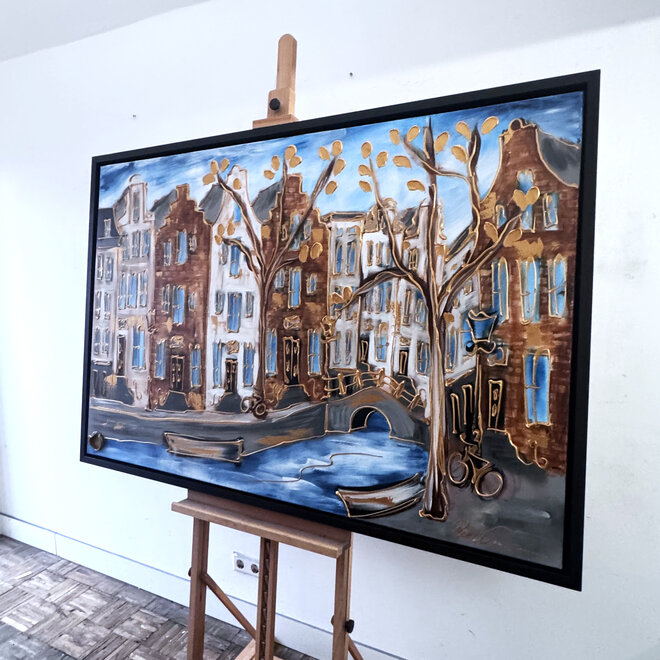 Schilderij- 100x150cm - Rick Triest - Amsterdam Herengracht -Blue & Gold #298