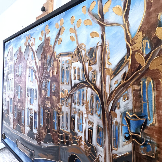 Schilderij- 100x150cm - Rick Triest - Amsterdam Herengracht -Blue & Gold #298