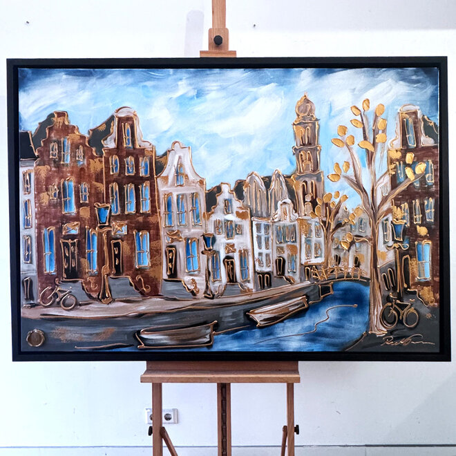 Painting- 100x150cm - Amsterdam Herengracht -Blue & Gold #297 - Westertoren