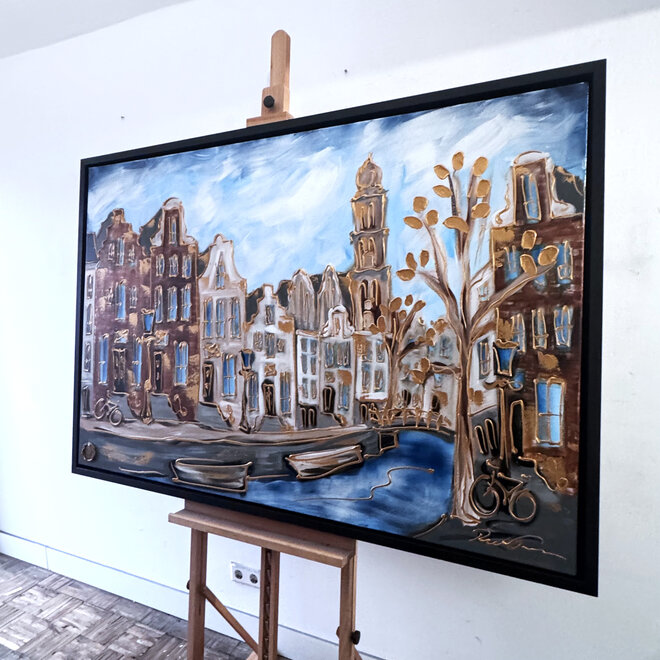 Painting- 100x150cm - Rick Triest - Amsterdam Herengracht -Blue & Gold #297 - Westertoren
