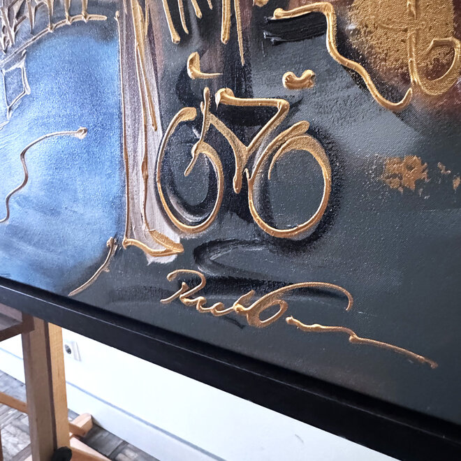 Painting- 100x150cm - Rick Triest - Amsterdam Herengracht -Blue & Gold #297 - Westertoren