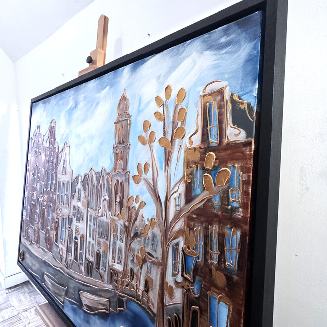 Schilderij- 100x150cm - Rick Triest - Amsterdam Herengracht -Blue & Gold #297 - Westertoren