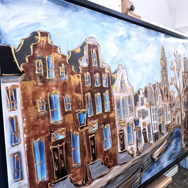 Painting- 100x150cm - Rick Triest - Amsterdam Herengracht -Blue & Gold #297 - Westertoren