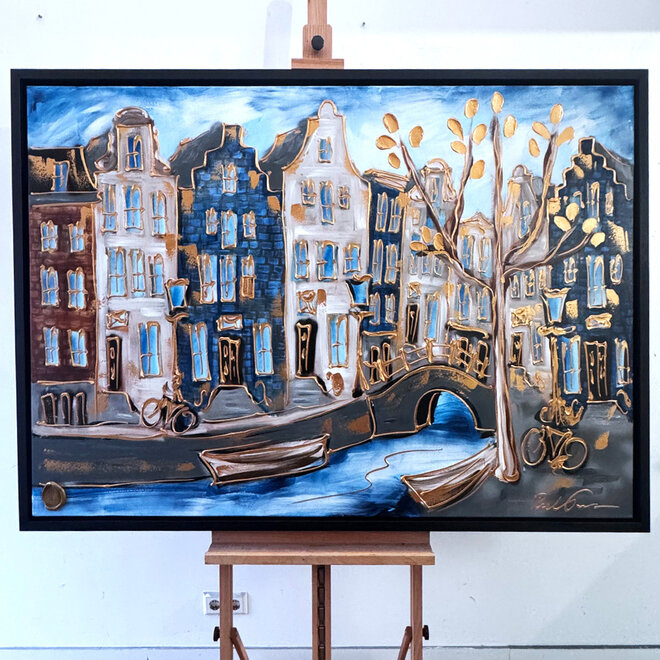 Painting- 100x150cm - Amsterdam Herengracht -Blue & Gold #296