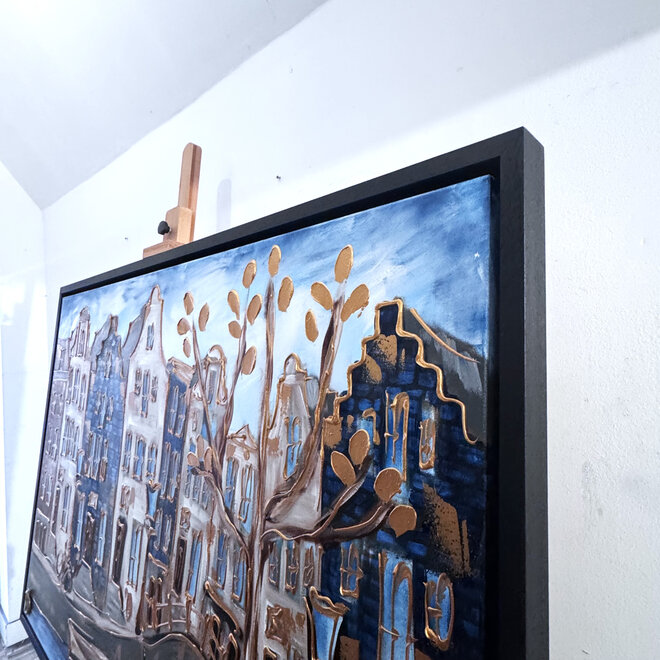 Schilderij- 100x150cm - Rick Triest - Amsterdam Herengracht -Blue & Gold #296