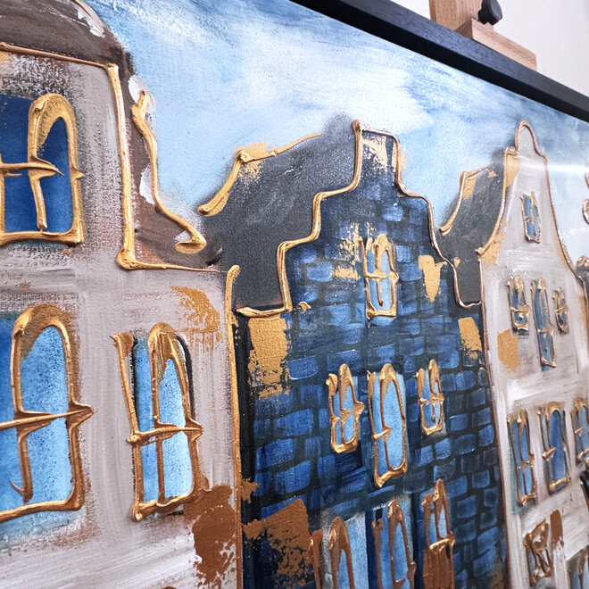 Schilderij- 100x150cm - Rick Triest - Amsterdam Herengracht -Blue & Gold #296